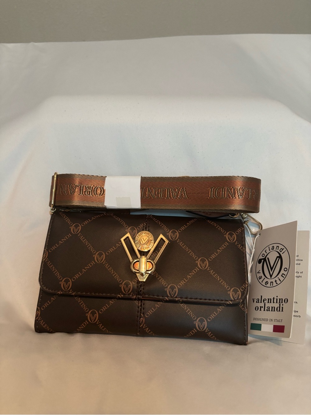 Valentino Brown Logo Crossbody with Gold-Tone V Emblem